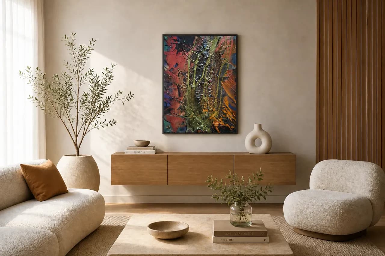 Strukturiertes Mixed-Media-Gemälde „Epizentrum“ von Anne Leinen – abstrakte Erdschichten in Rot, Orange und Schwarz, dreidimensionale Oberfläche