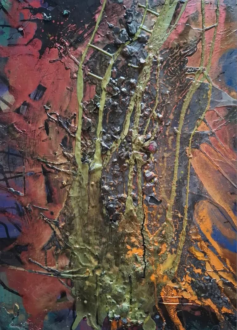 Strukturiertes Mixed-Media-Gemälde „Epizentrum“ von Anne Leinen – abstrakte Erdschichten in Rot, Orange und Schwarz, dreidimensionale Oberfläche