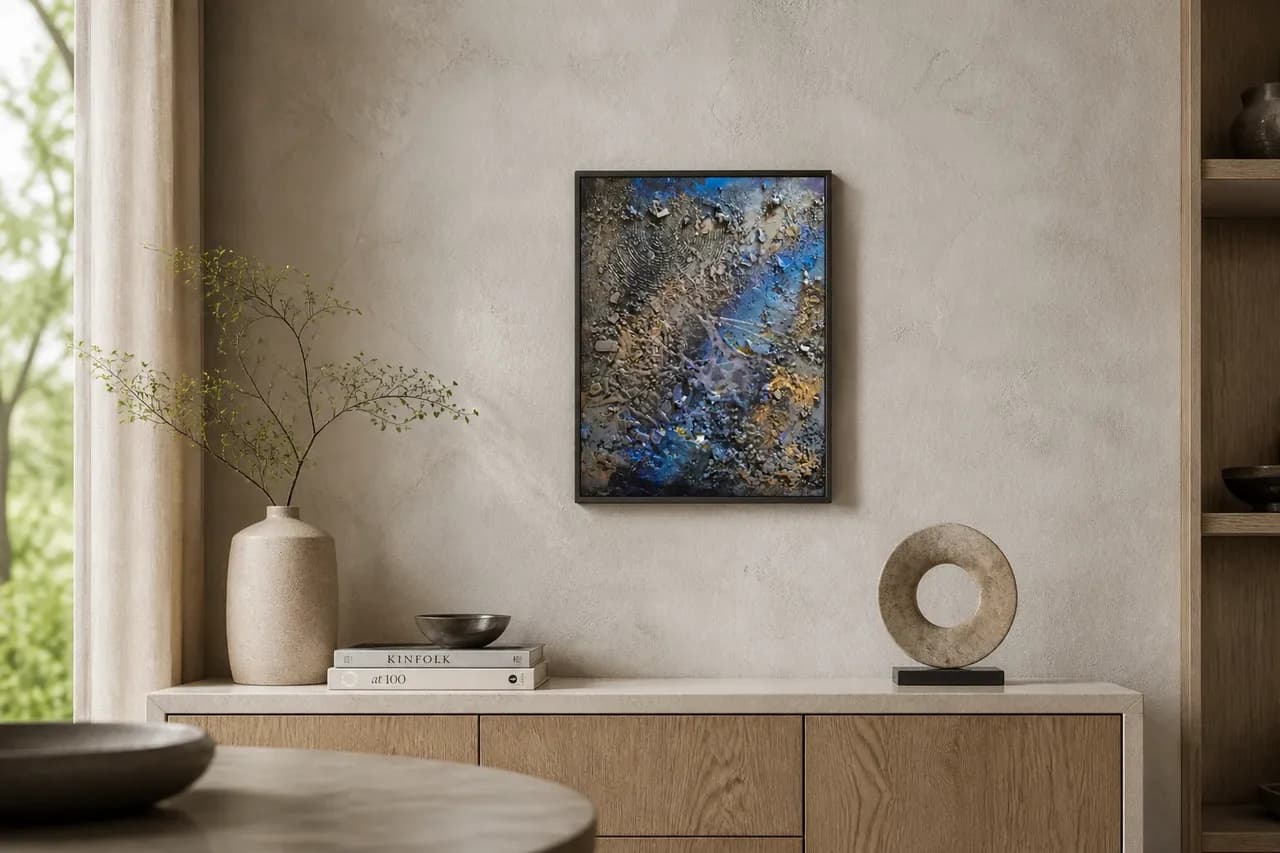 Abstraktes Mixed-Media-Gemälde „Metamorphosis“ von Anne Leinen – Acryl, Strukturpaste und Tusche mit eingebettetem Recycling-Angelnetz auf Leinwand