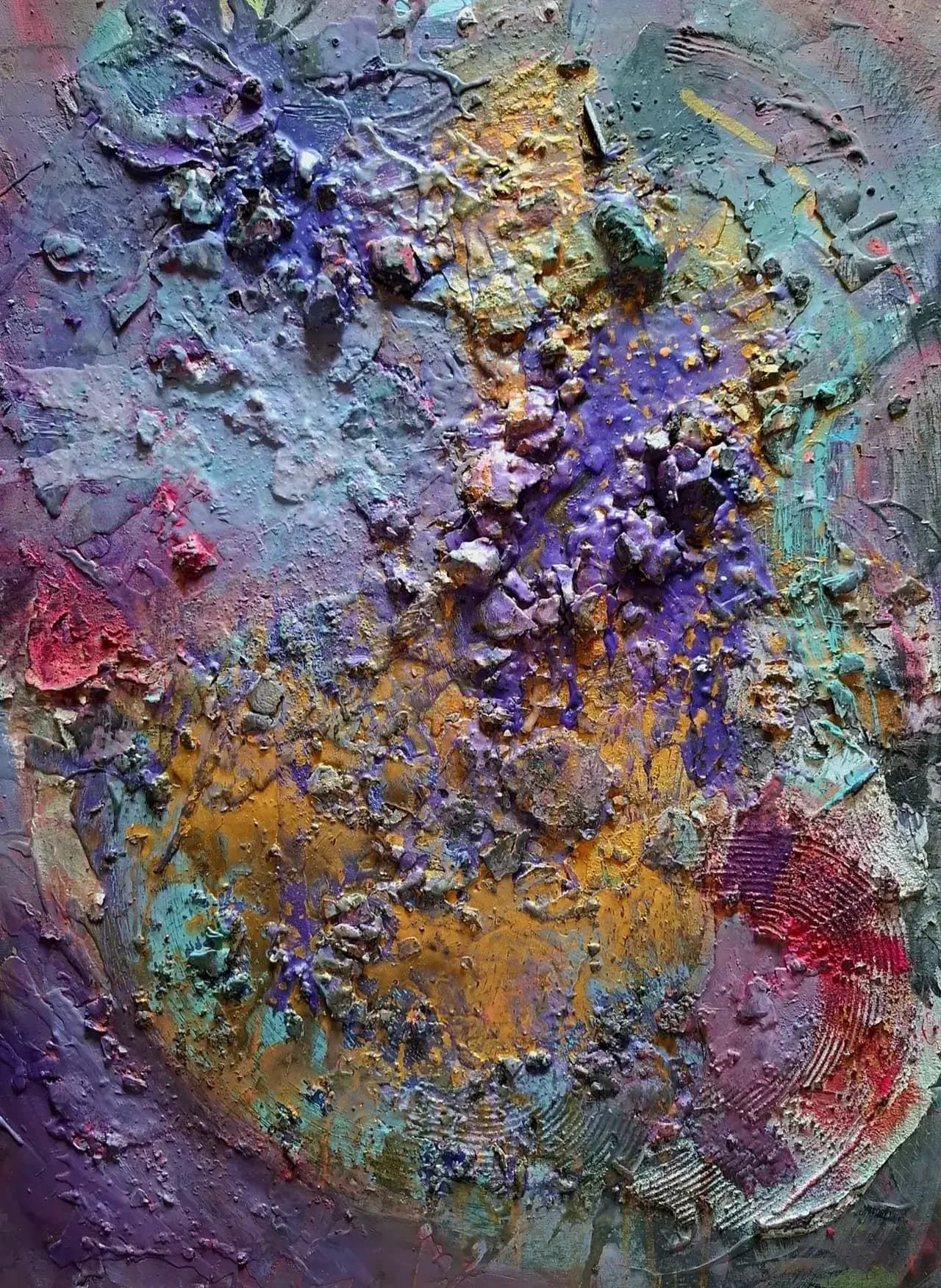 Farbenfrohes Mixed-Media-Gemälde „Vibrant Energy“ von Anne Leinen – Violett, Pink, Türkis und Gold auf Leinwand