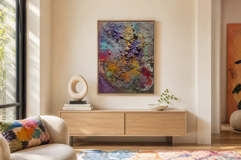 Farbenfrohes Mixed-Media-Gemälde „Vibrant Energy“ von Anne Leinen – Violett, Pink, Türkis und Gold auf Leinwand